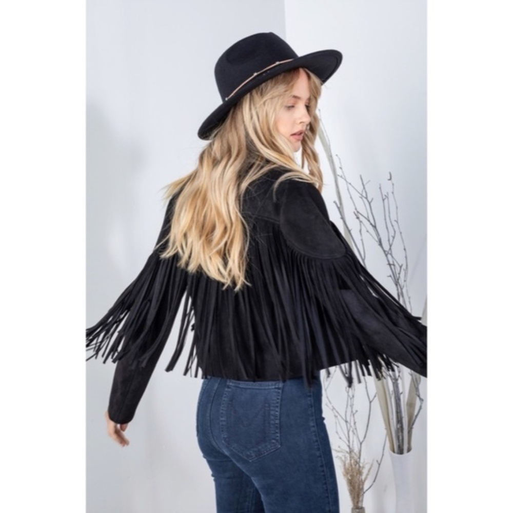 SOLD OUT Black Faux Leather Suede Fringe Cropped Western Boho Moto Jacket - Picture 4 of 8